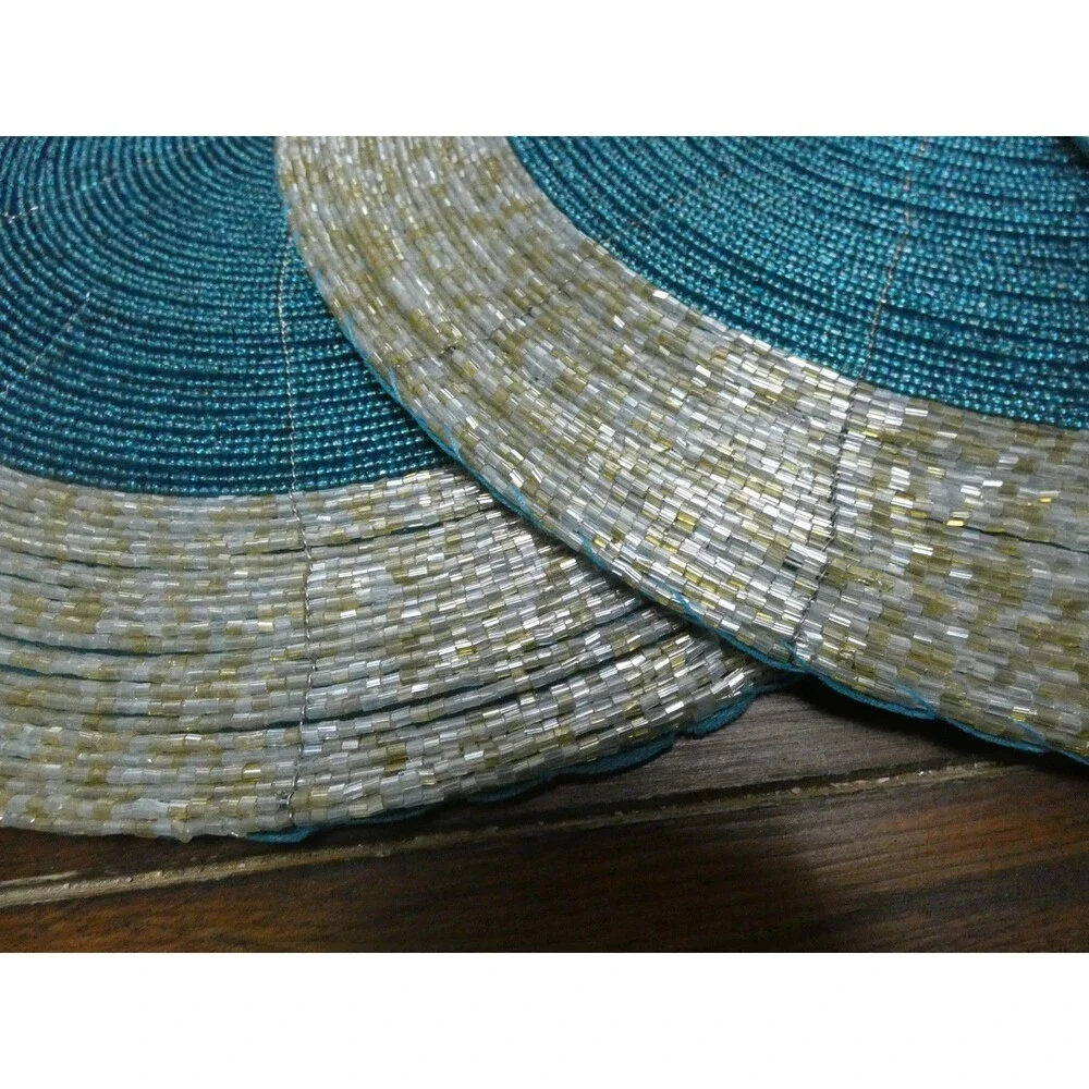Handmade Heavily Beaded Charger Round Placemats Silver & Teal 13